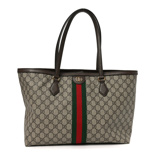 GG Supreme Monogram Textured Calfskin Web Medium Ophidia Shopping Tote Beige Ebony New Acero