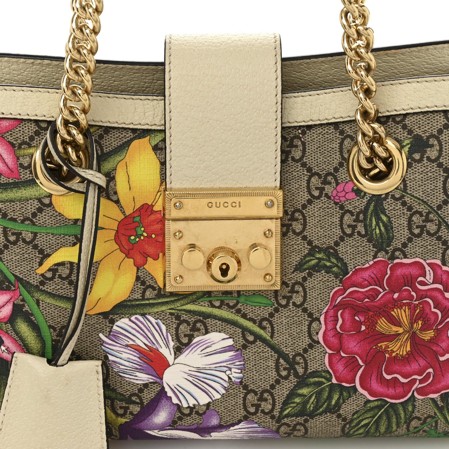 GG Supreme Monogram Flora Textured Calfskin Small Padlock Tote Beige Ebony Multicolor Mystic White