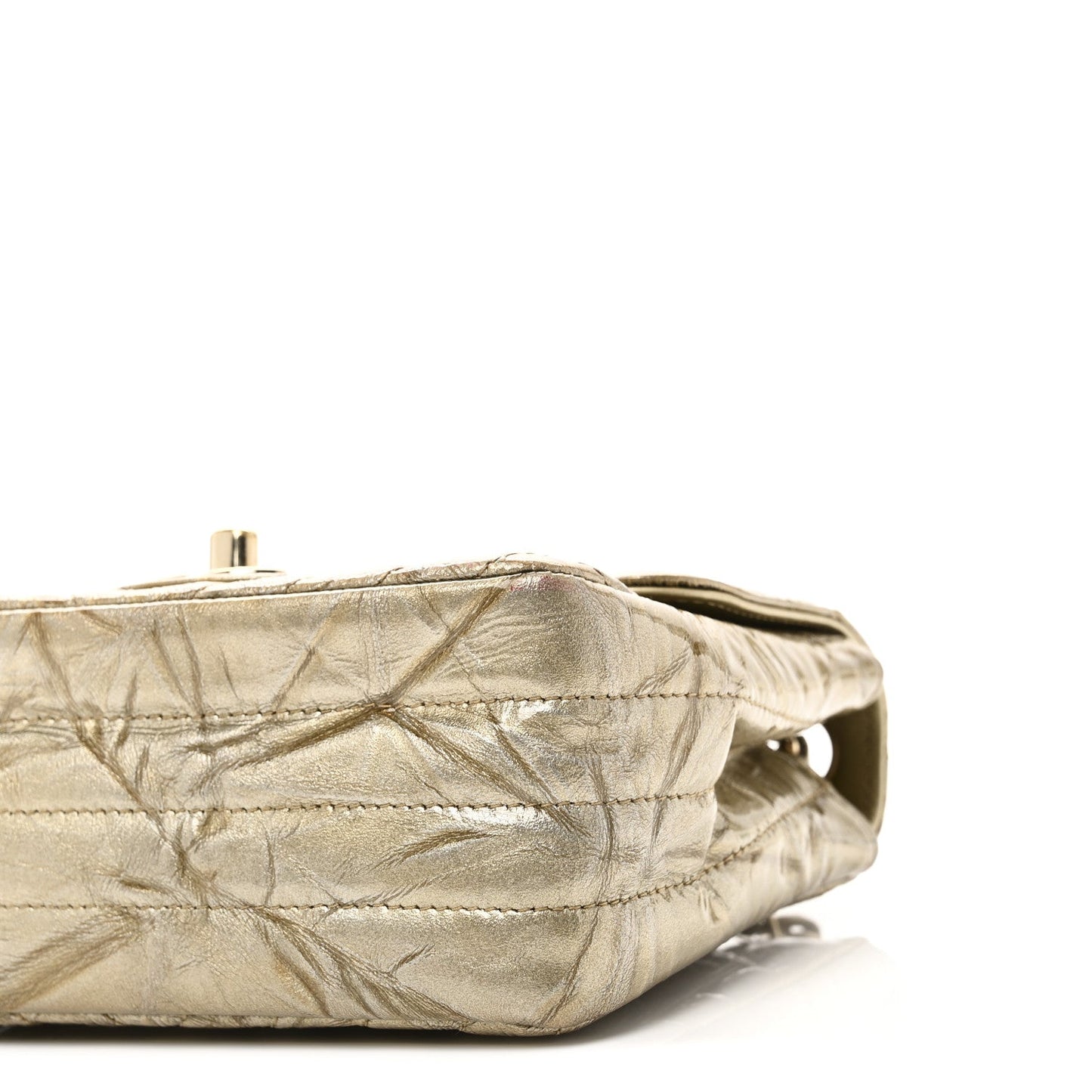 Patent Metallic Crumpled Calfskin Chevron Quilted Mini Square Flap Gold
