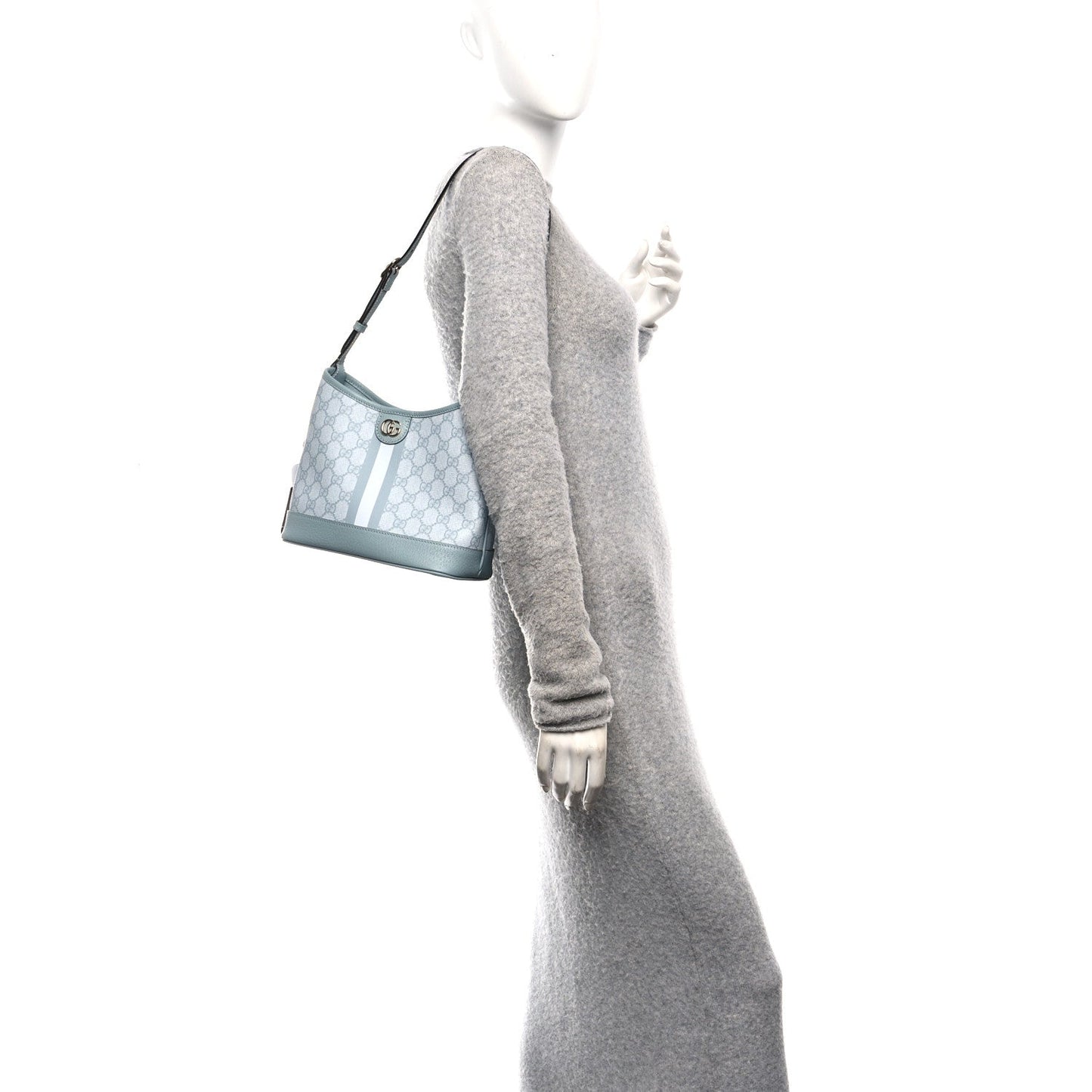 GG Supreme Monogram Textured Dollar Calfskin Web Small Ophidia Bucket Shoulder Bag Dusty Blue