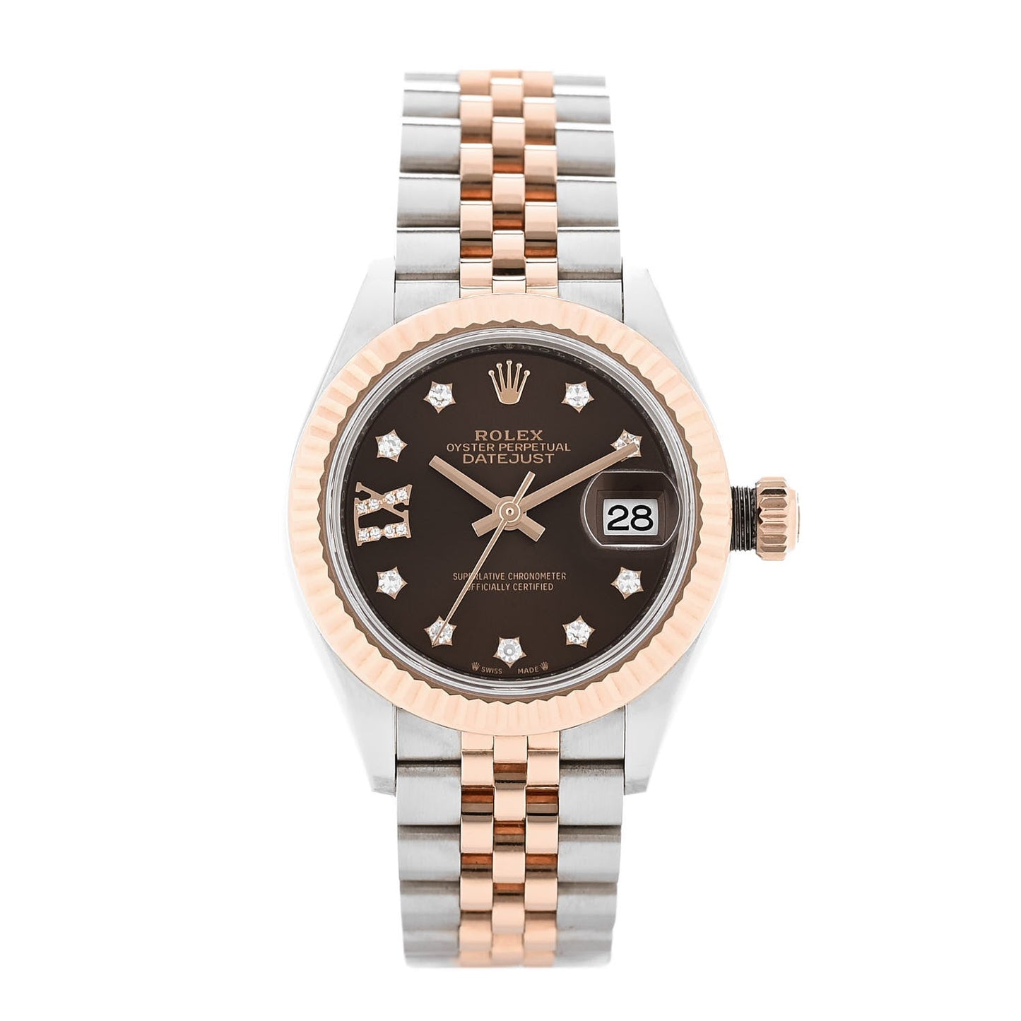 Stainless Steel 18K Everose Gold Diamond 28mm Oyster Perpetual Datejust Watch Chocolate 279171
