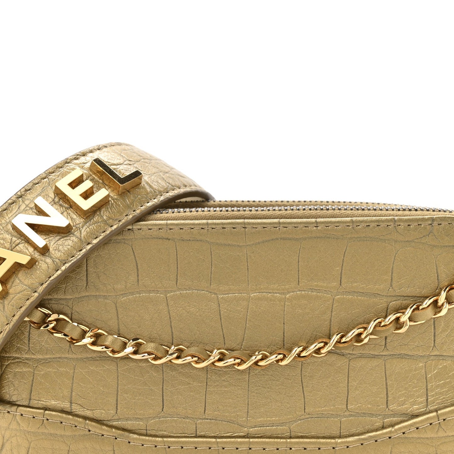 Metallic Calfskin Crocodile Embossed Small Gabrielle Clutch With Chain Gold