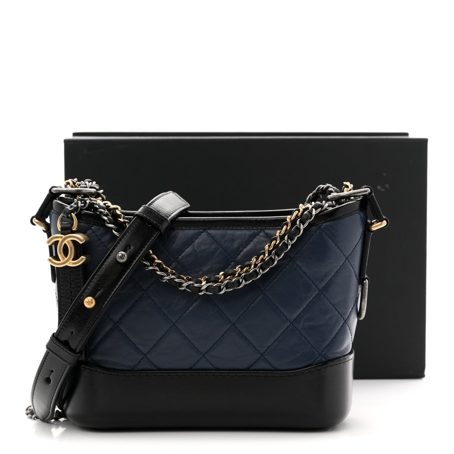 Aged Calfskin Quilted Small Gabrielle Hobo Navy Black