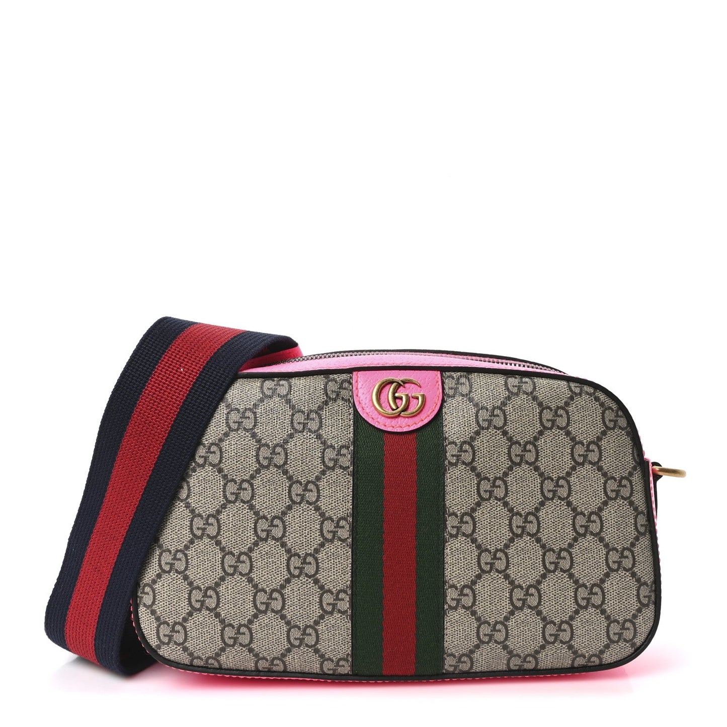 GG Supreme Monogram Textured Dollar Calfskin Web Ophidia Small Crossbody Bag Beige Ebony Fuchsia
