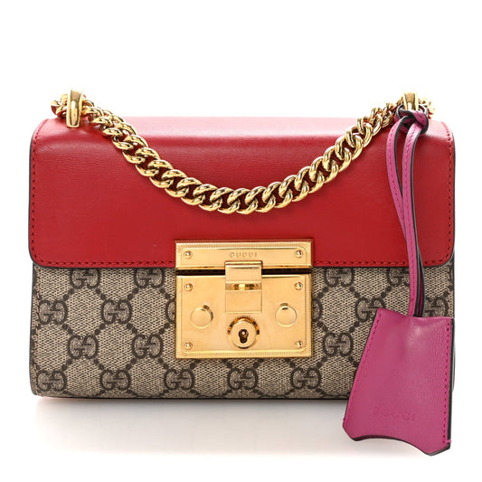 GG Supreme Monogram Calfskin Small Padlock Shoulder Bag Beige Hibiscus Red New Rosette