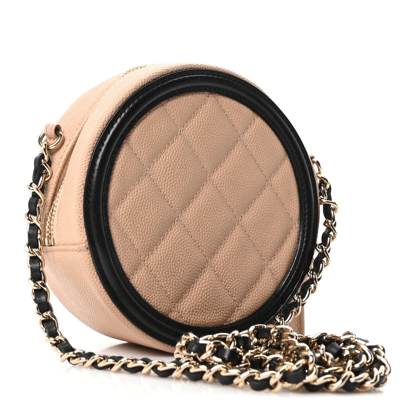 Caviar Quilted Round Filigree Crossbody Beige Black