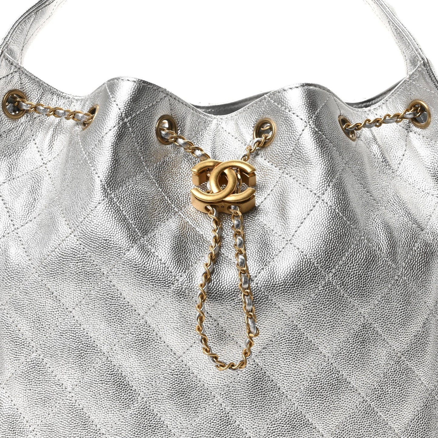 Metallic Caviar Quilted Medium Chanel 25 Handbag Silver