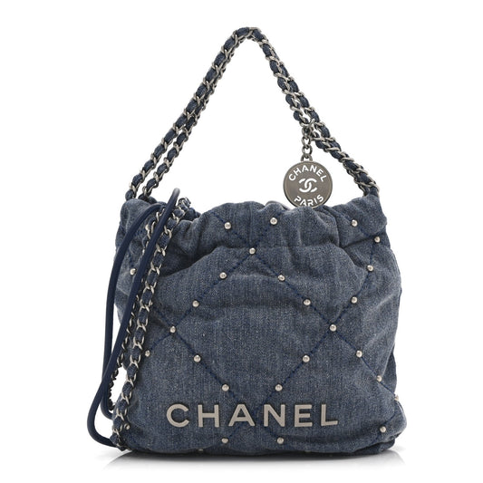 Washed Denim Quilted Studded Mini Chanel 22 Blue