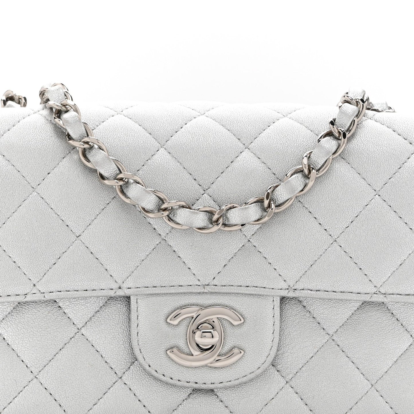 Metallic Lambskin Quilted Mini Rectangular Flap Silver