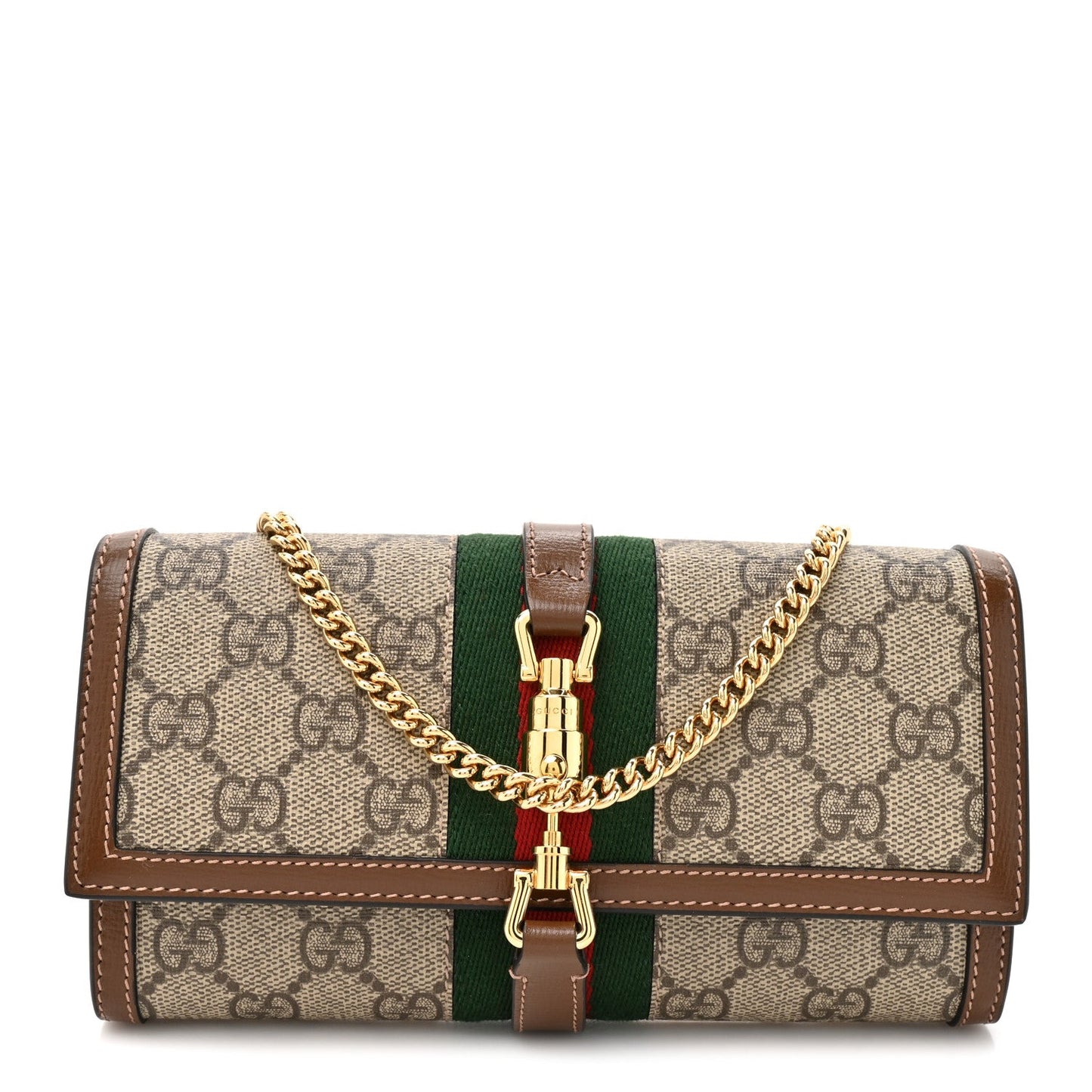 GG Supreme Monogram Azalea Calfskin Web Jackie 1961 Chain Wallet Beige Ebony Brown Sugar