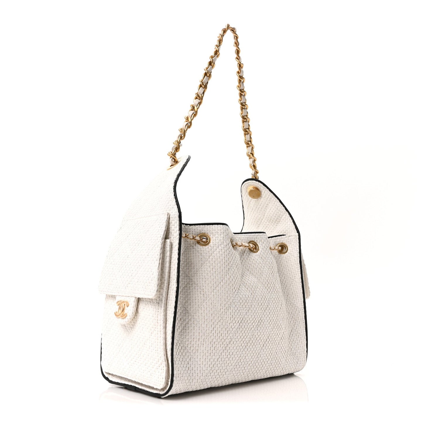 Braided Raffia Calfskin Quilted Small Chanel 25 Handbag White Black