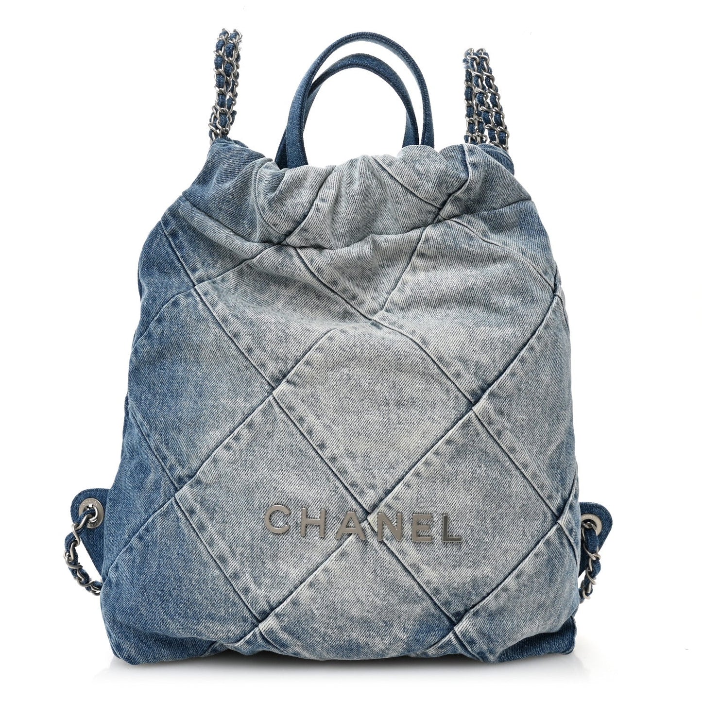 Denim Quilted Chanel 22 Backpack Blue
