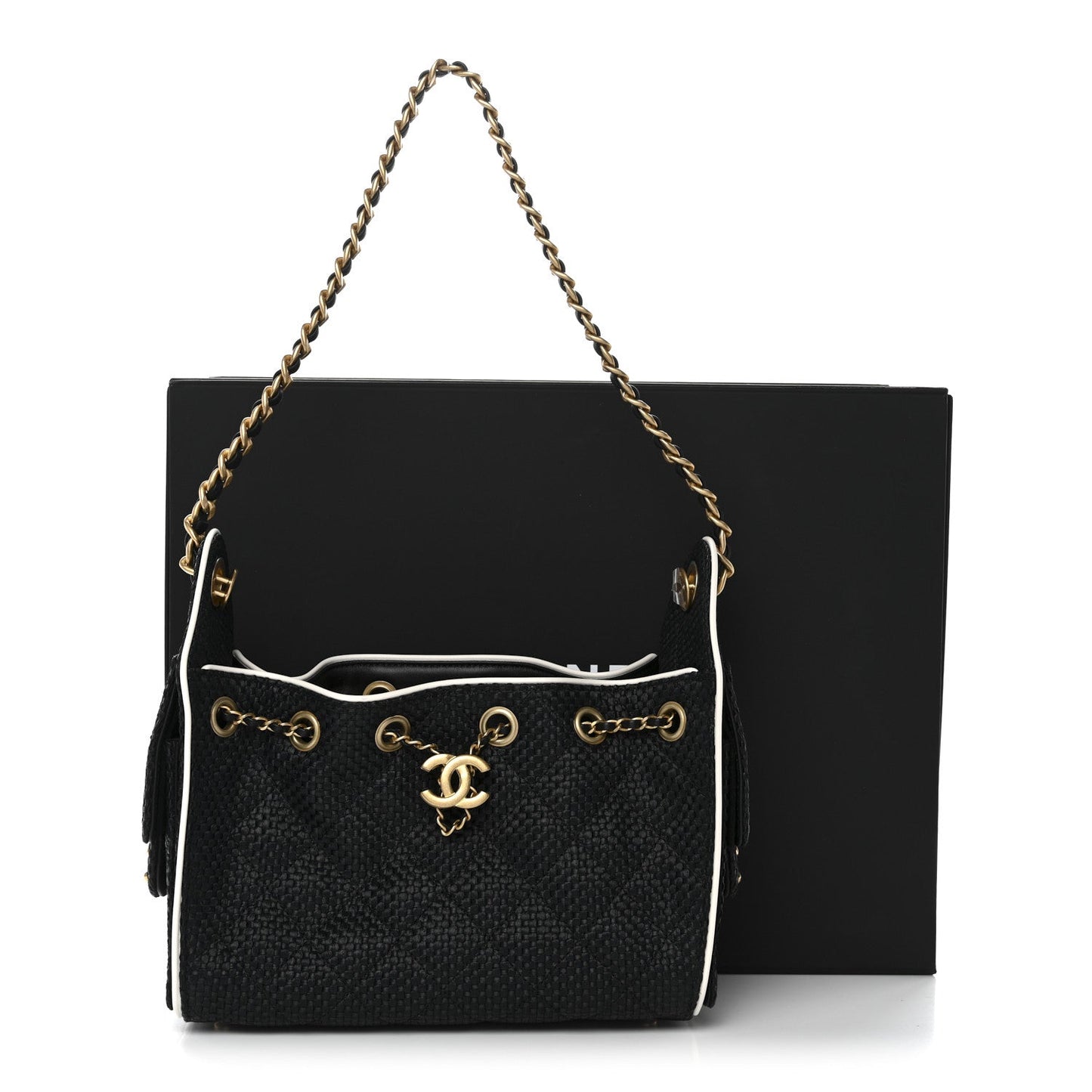 Braided Raffia Calfskin Quilted Mini Chanel 25 Handbag Black White