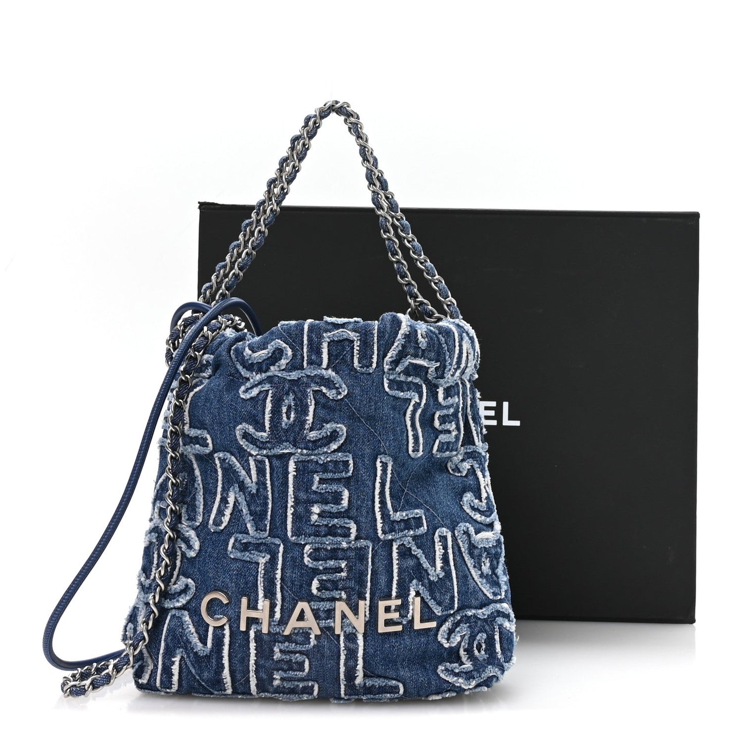 Washed Denim Logo Embroidered Mini Chanel 22 Blue
