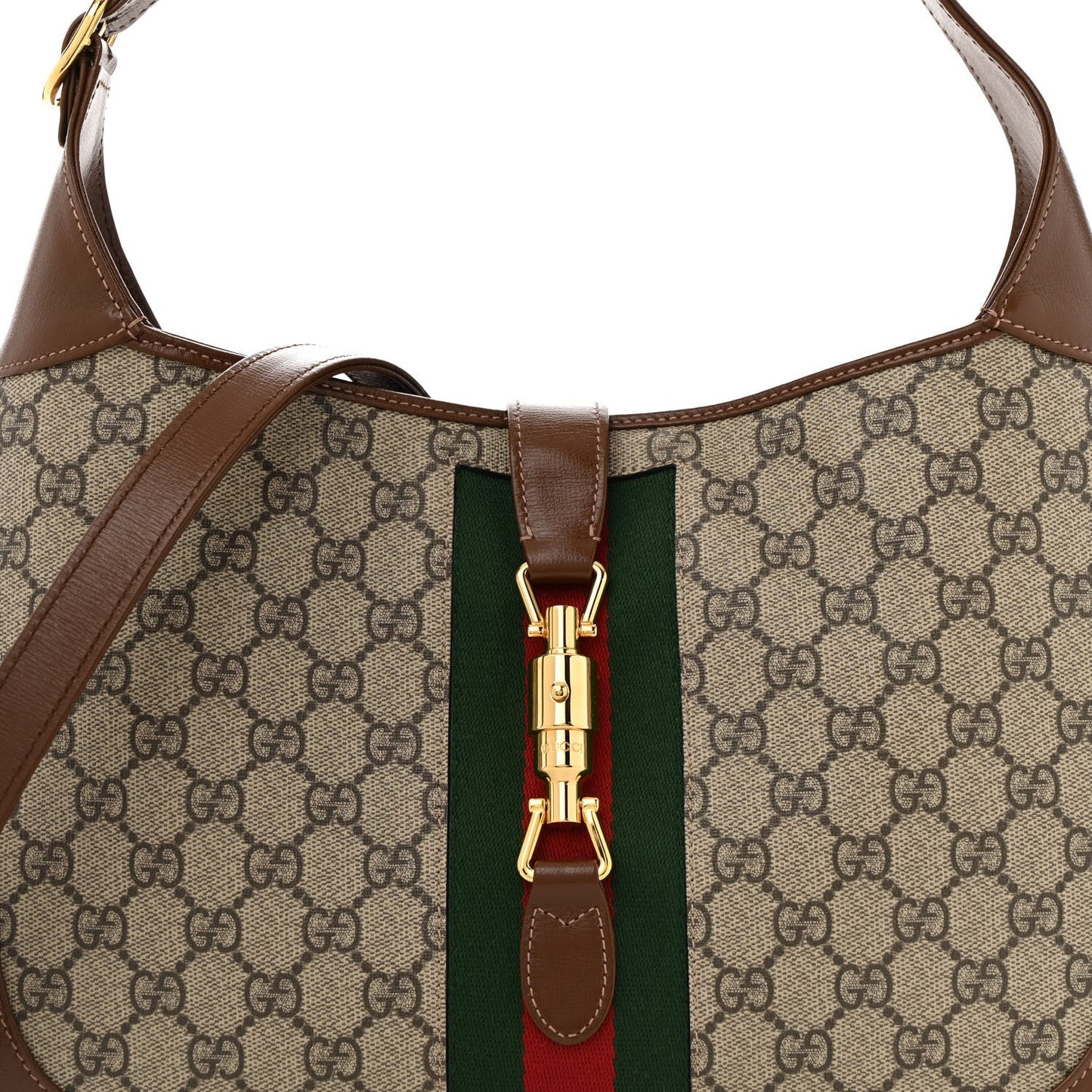 GG Supreme Monogram Azalea Calfskin Web Medium Jackie 1961 Hobo Beige Ebony Brown Sugar