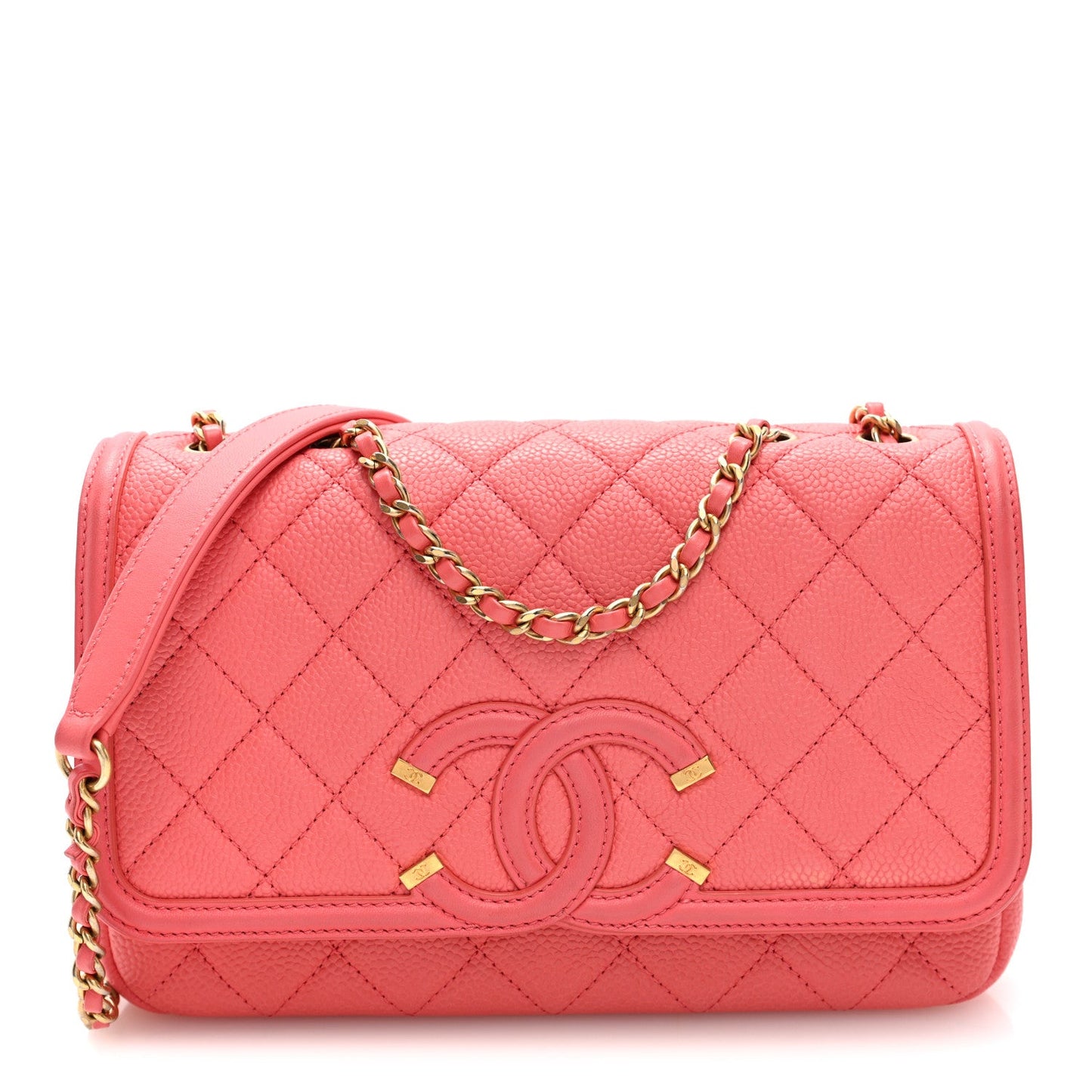 Caviar Quilted Small CC Filigree Flap Coral