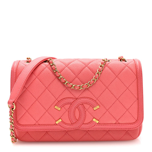 Caviar Quilted Small CC Filigree Flap Coral