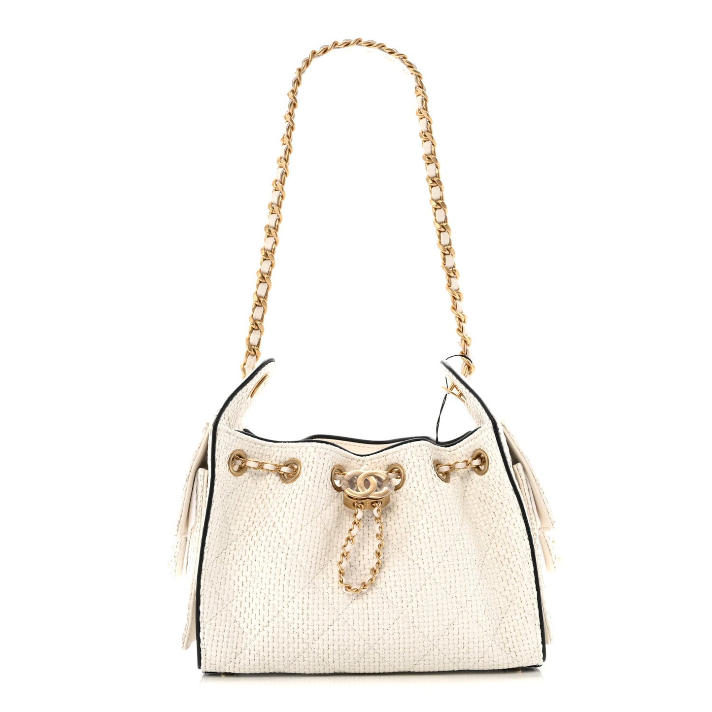 Braided Raffia Calfskin Mini Chanel 25 Handbag White Black