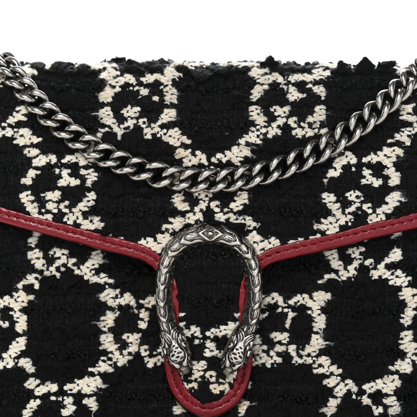 Tweed GG Monogram Mini Dionysus Chain Wallet Black White Romantic Cherry
