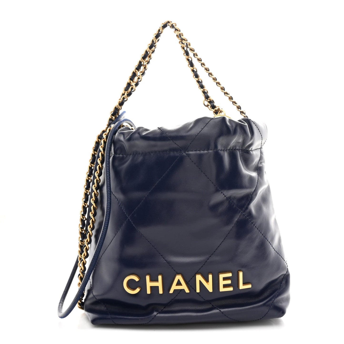 Shiny Calfskin Quilted Mini Chanel 22 Navy Blue