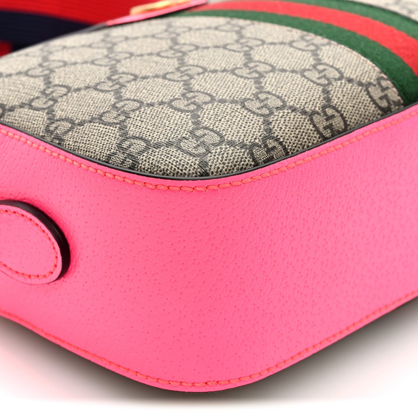 GG Supreme Monogram Textured Dollar Calfskin Web Ophidia Small Crossbody Bag Beige Ebony Fuchsia