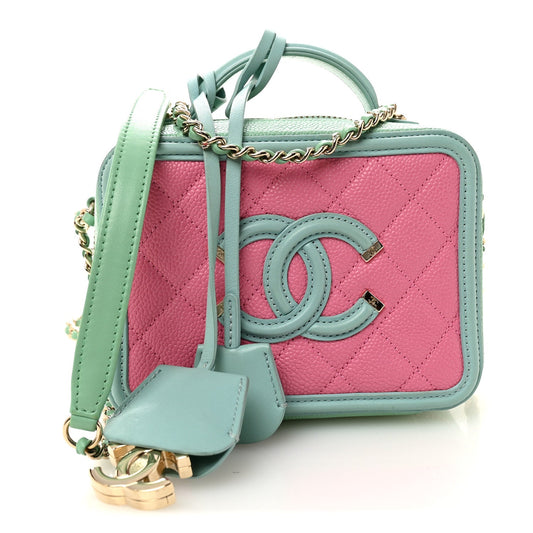 Caviar Quilted Small CC Filigree Vanity Case Pink Green Blue