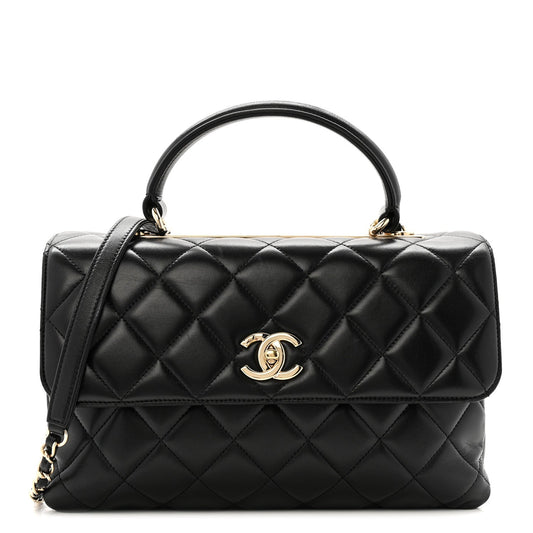 Lambskin Quilted Medium Trendy CC Flap Dual Handle Bag Black