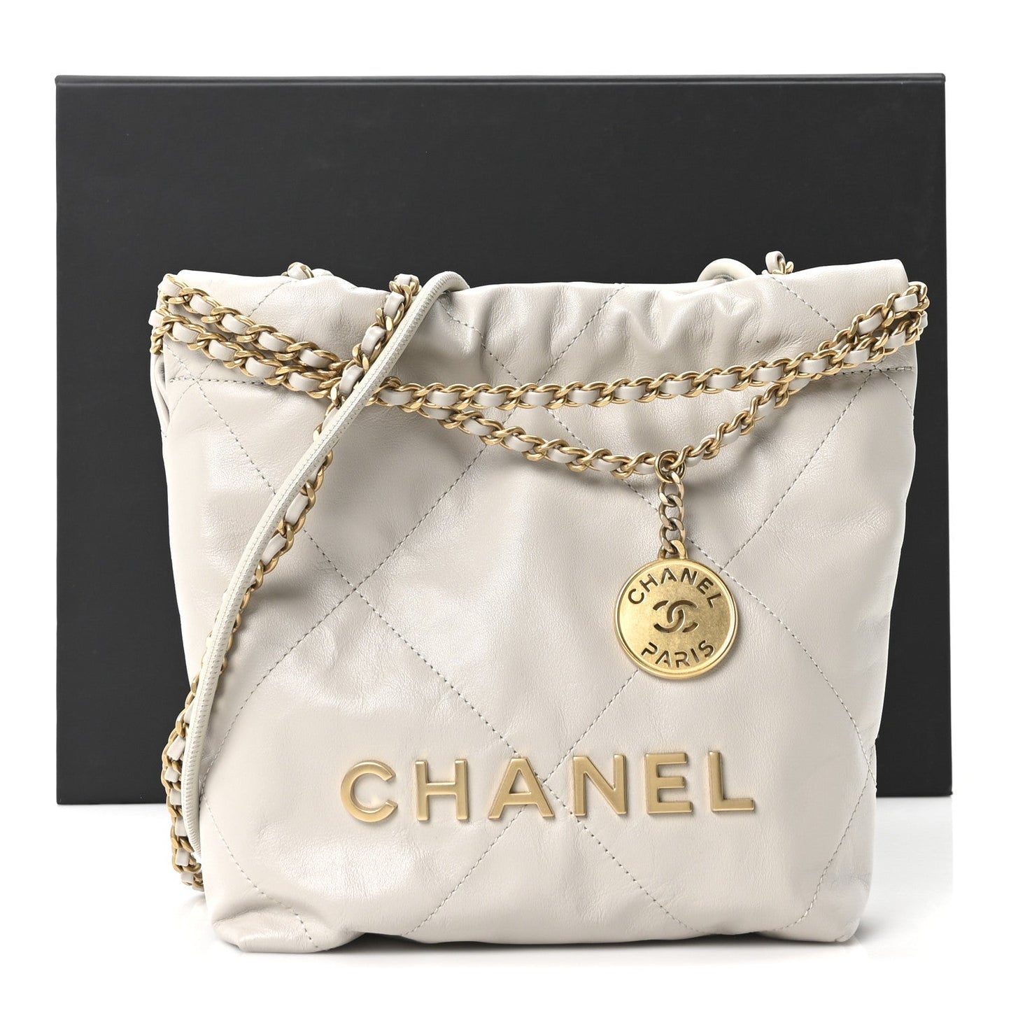 Shiny Calfskin Quilted Mini Chanel 22 Light Grey