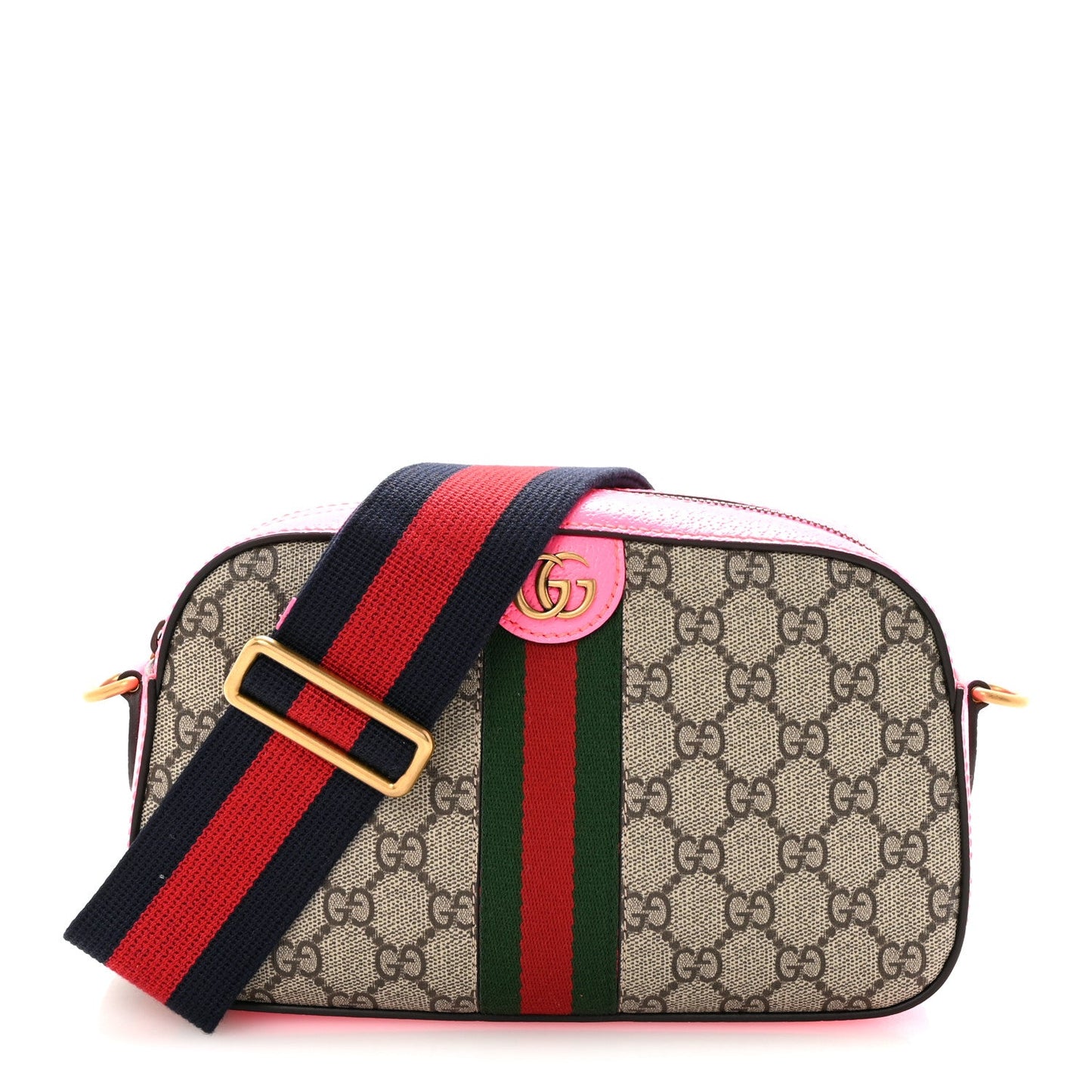 GG Supreme Monogram Textured Dollar Calfskin Web Ophidia Small Crossbody Bag Beige Ebony Fuchsia