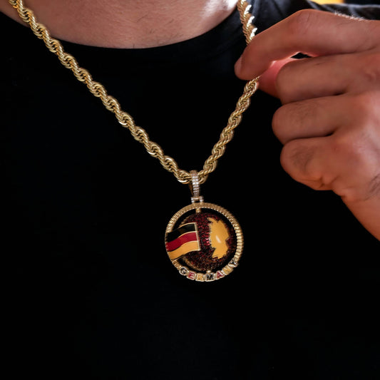Diamond Germany Spinning Globe Flag Pendant in Yellow Gold