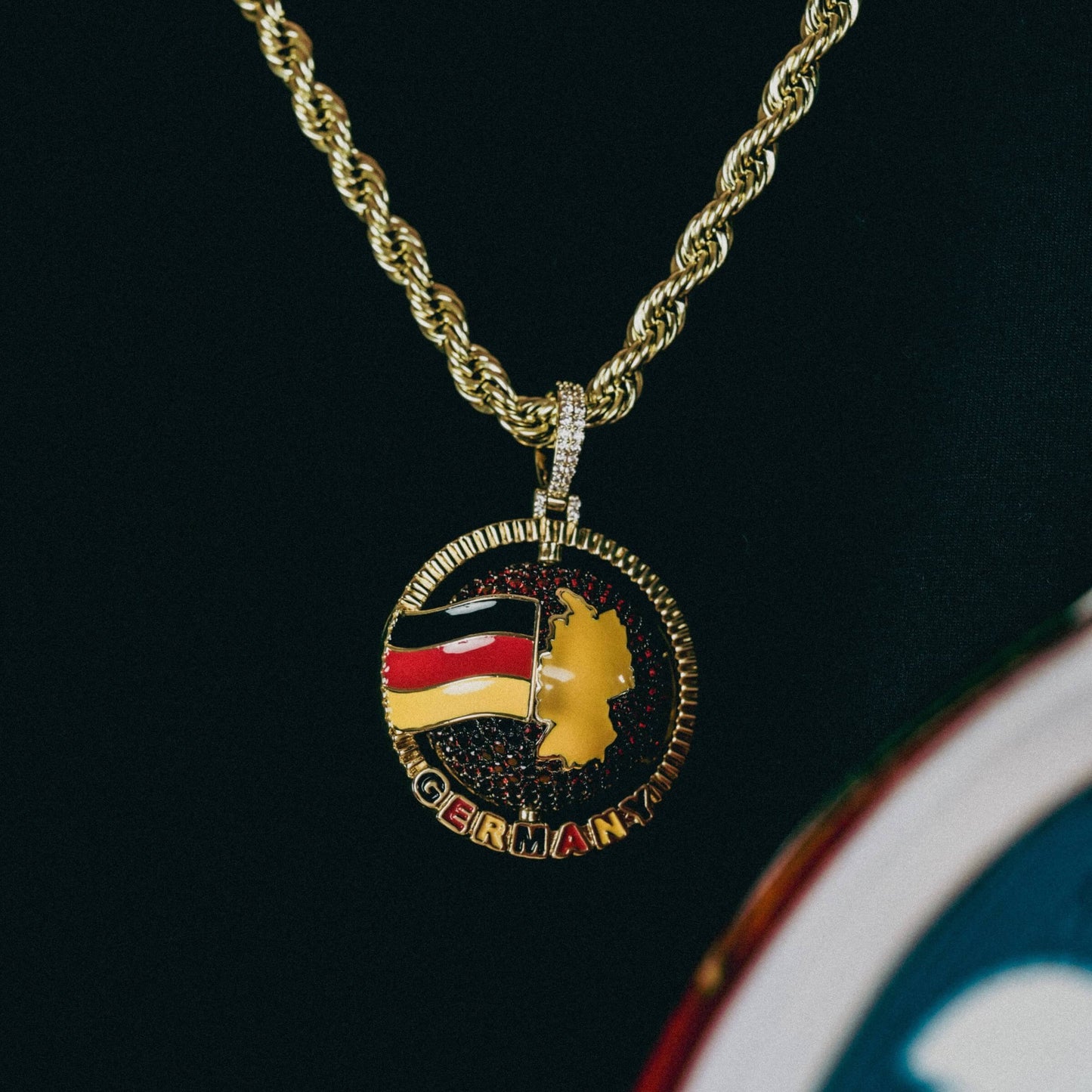 Diamond Germany Spinning Globe Flag Pendant in Yellow Gold