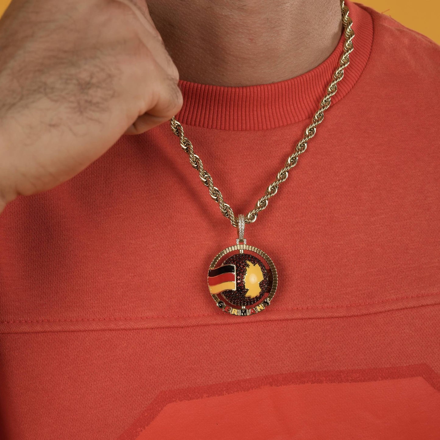 Diamond Germany Spinning Globe Flag Pendant in Yellow Gold