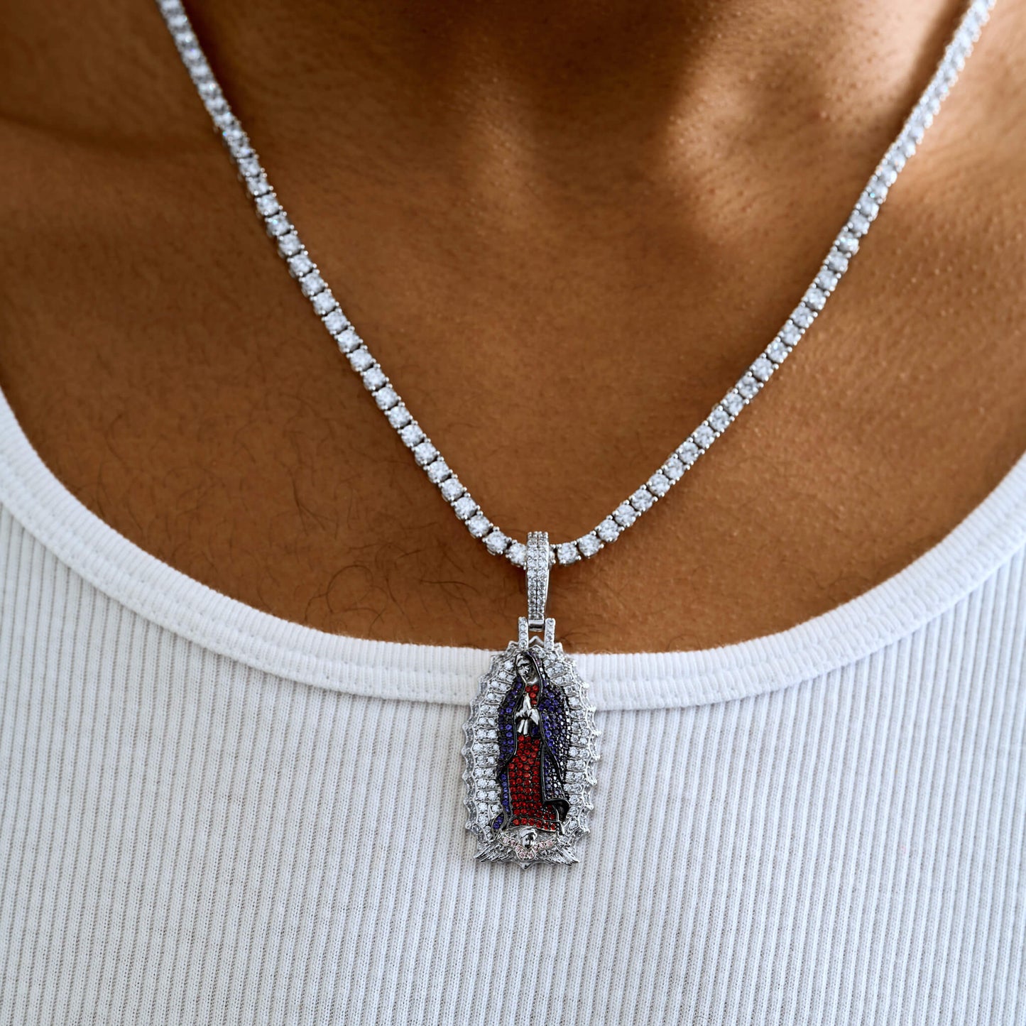Iced Virgin Mary Pendant in White Gold