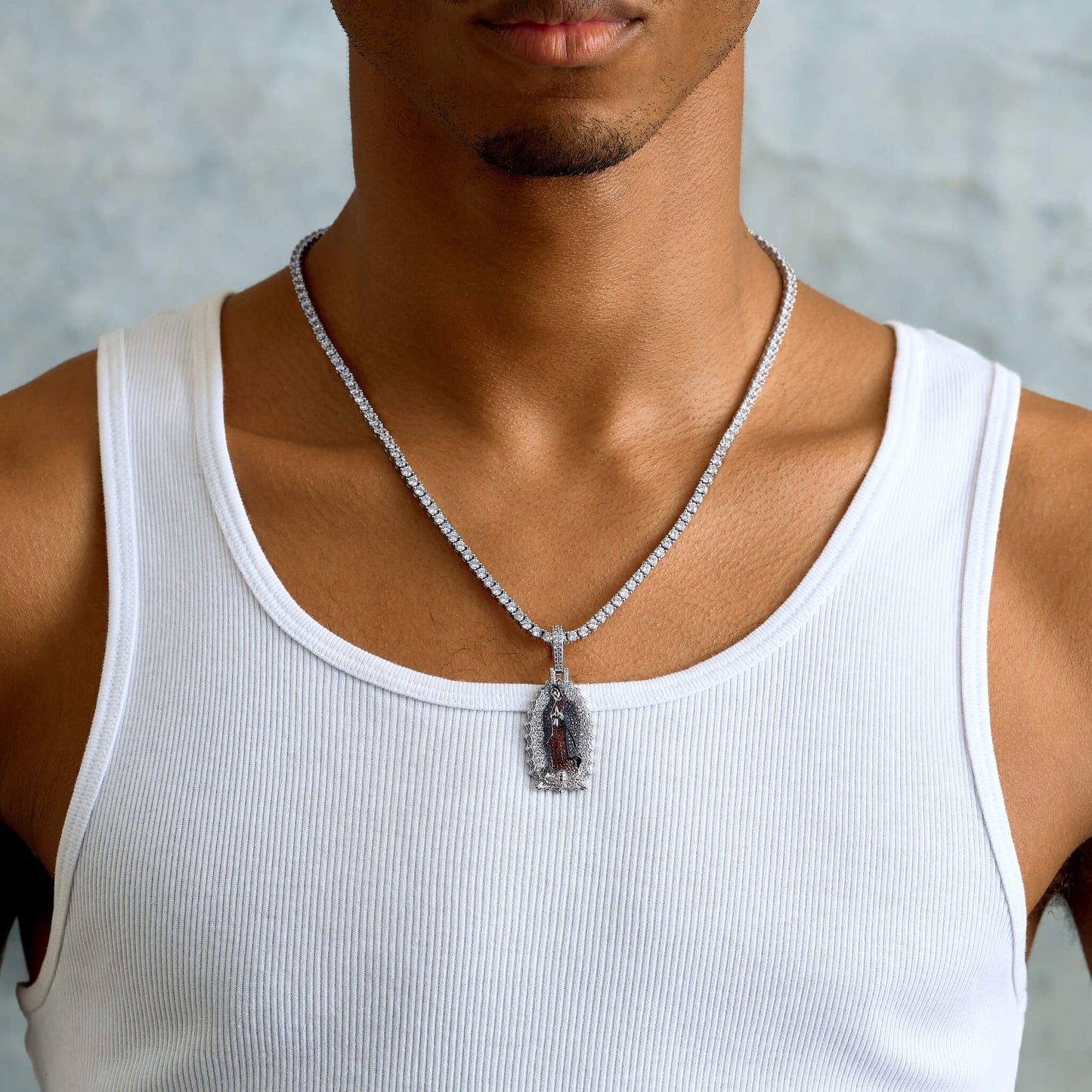 Iced Virgin Mary Pendant in White Gold