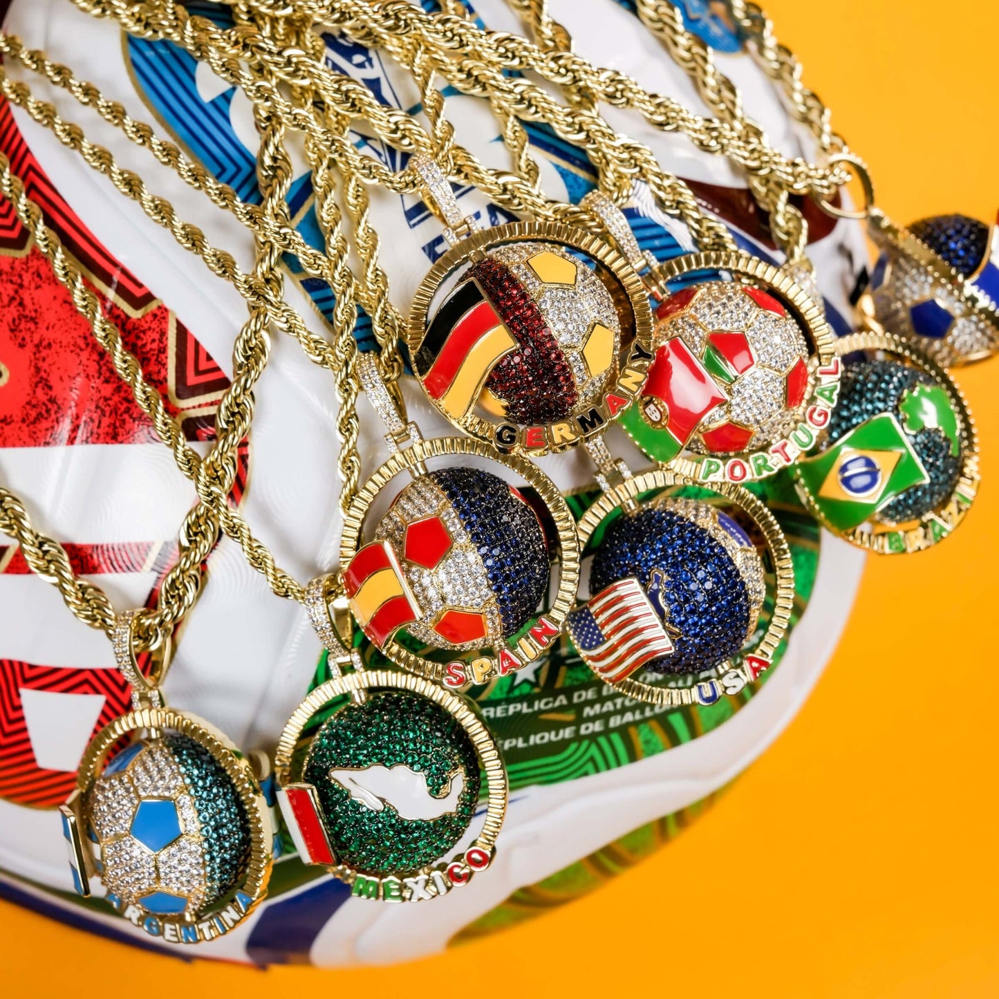 Diamond Argentina Spinning Globe Flag Pendant in Yellow Gold