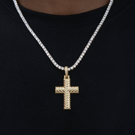 Iced Arrow Cross Pendant in Yellow Gold