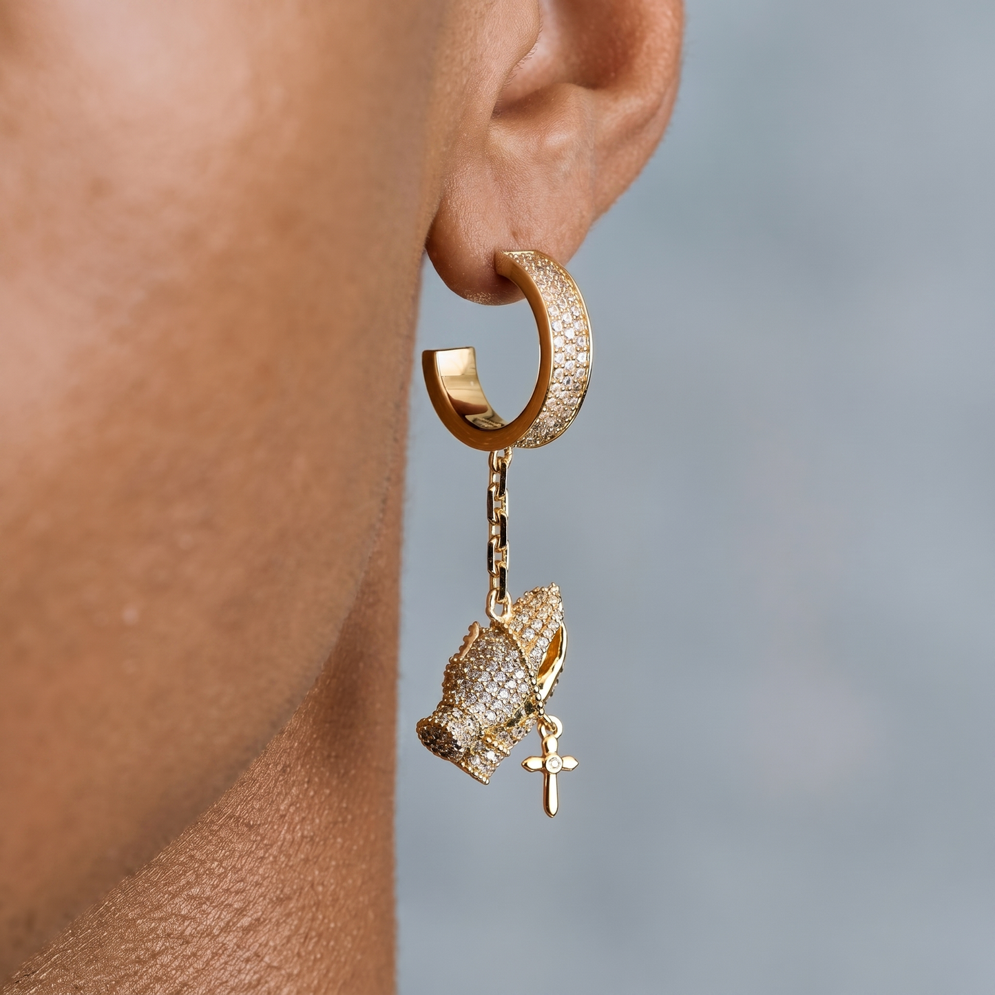 Iced Hanging Praying Hands Hoop Earring in Yellow Gold