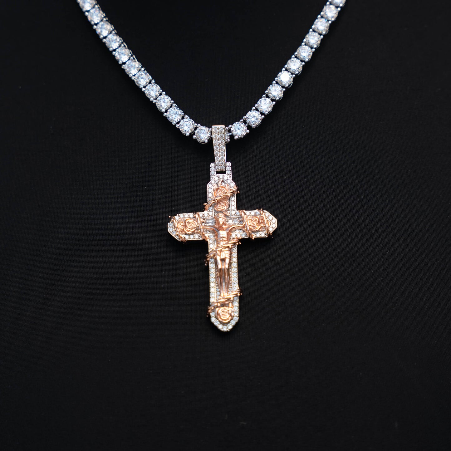 Large Diamond Rose Thorn Crucifix Pendant in White Gold