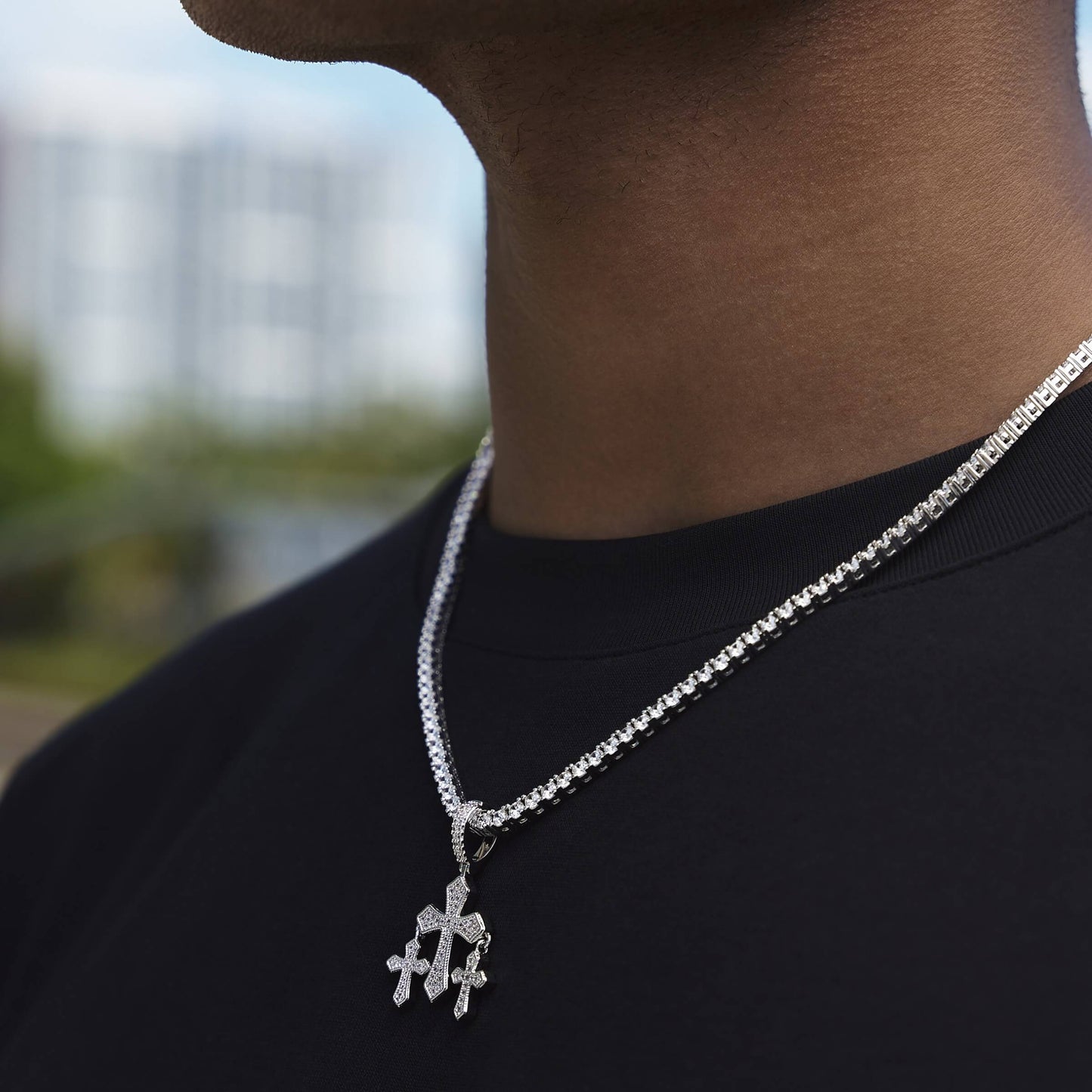 Micro Iced Triple Cross Pendant in White Gold