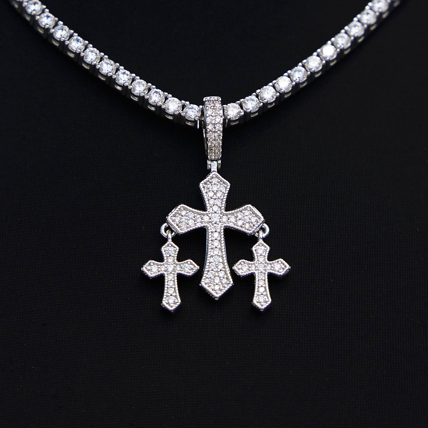 Micro Iced Triple Cross Pendant in White Gold
