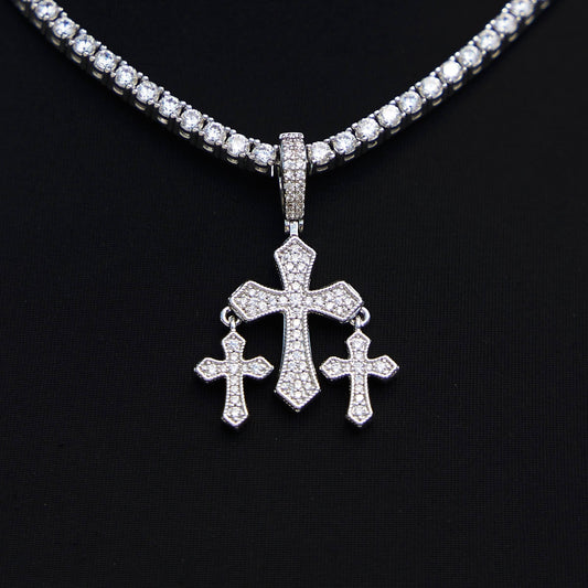 Micro Iced Triple Cross Pendant in White Gold