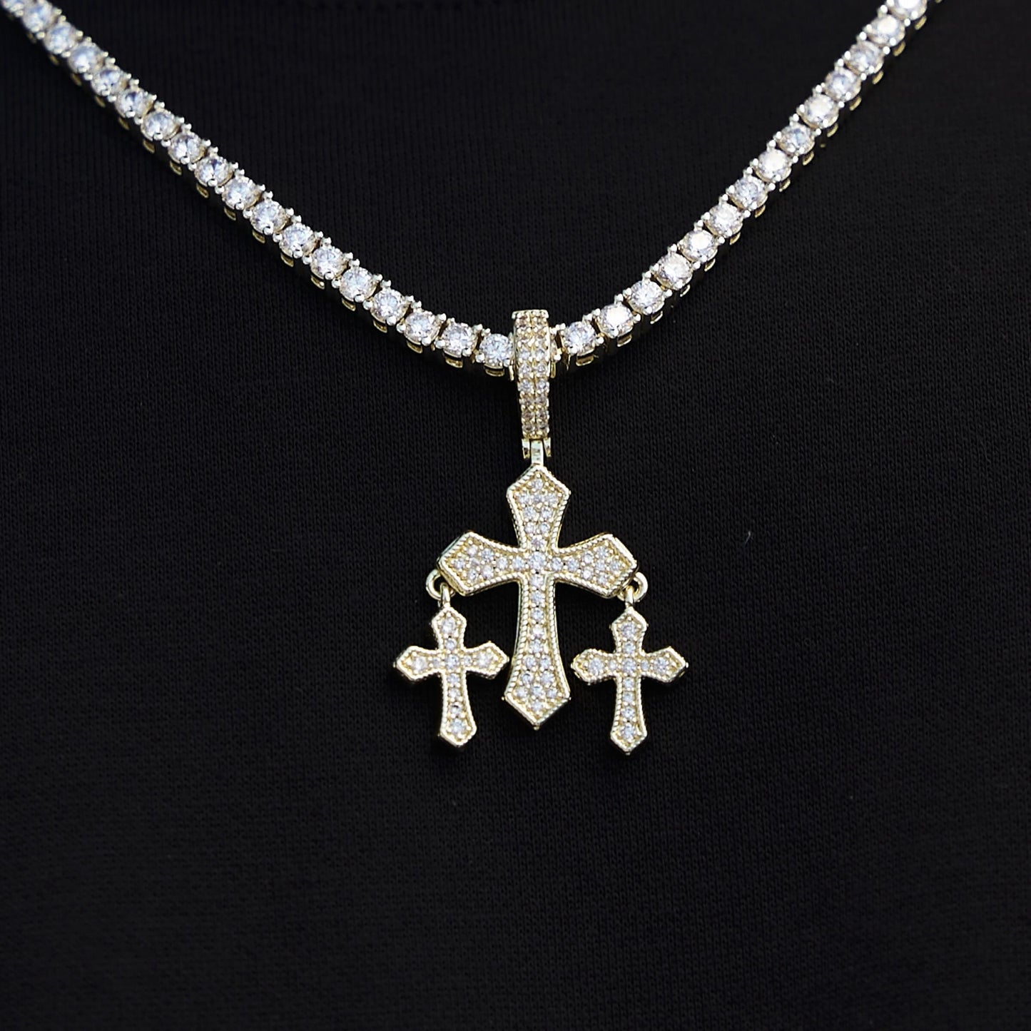 Micro Iced Triple Cross Pendant in Yellow Gold