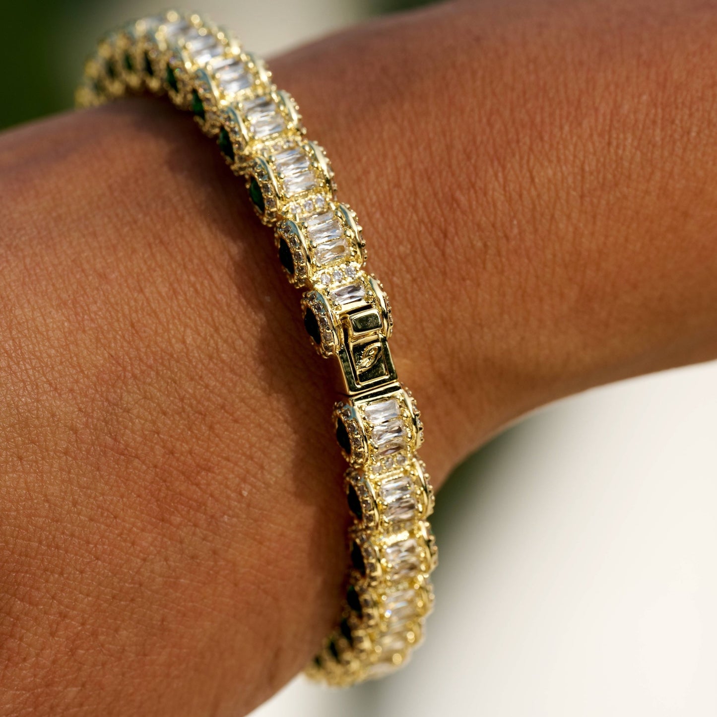 Emerald Iced Multi Dimensional Bangle Bracelet in Yellow Gold