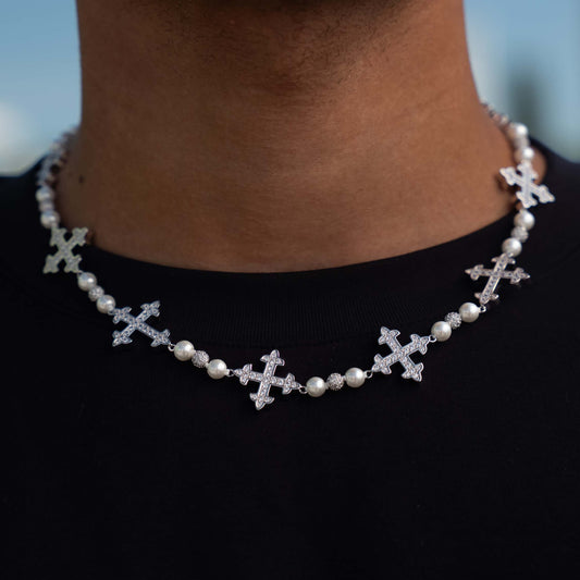 Pearl Cross Chain in White Gold