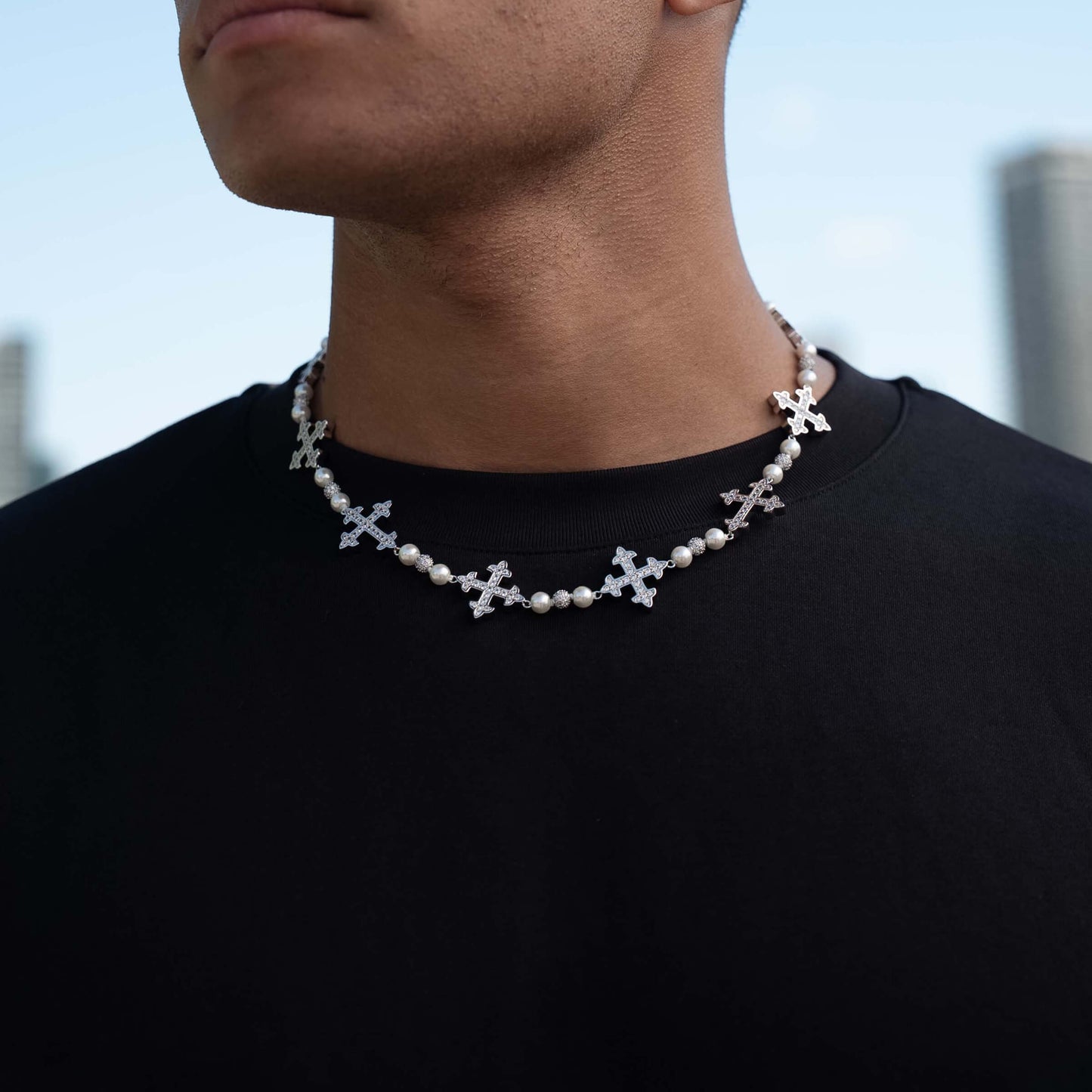 Pearl Cross Chain in White Gold