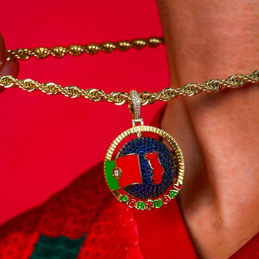 Diamond Portugal Spinning Globe Flag Pendant in Yellow Gold