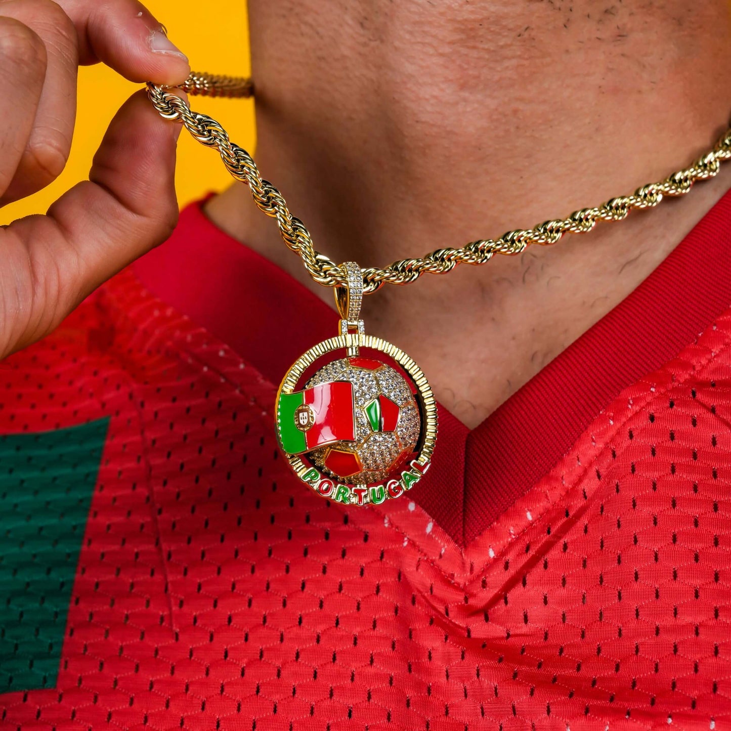 Diamond Portugal Spinning Globe Flag Pendant in Yellow Gold