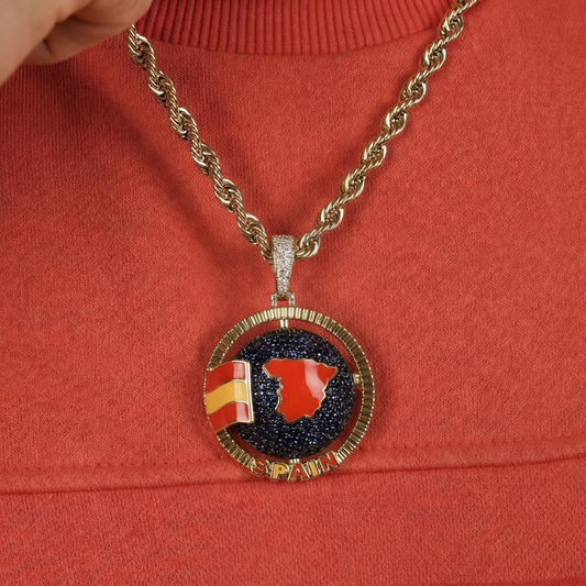 Diamond Spain Spinning Globe Flag Pendant in Yellow Gold