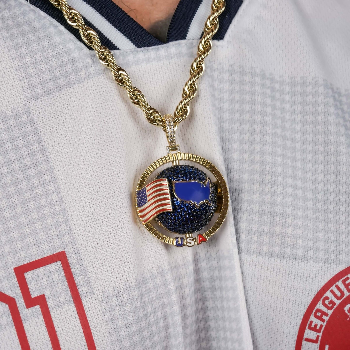 Diamond USA Spinning Globe Flag Pendant in Yellow Gold