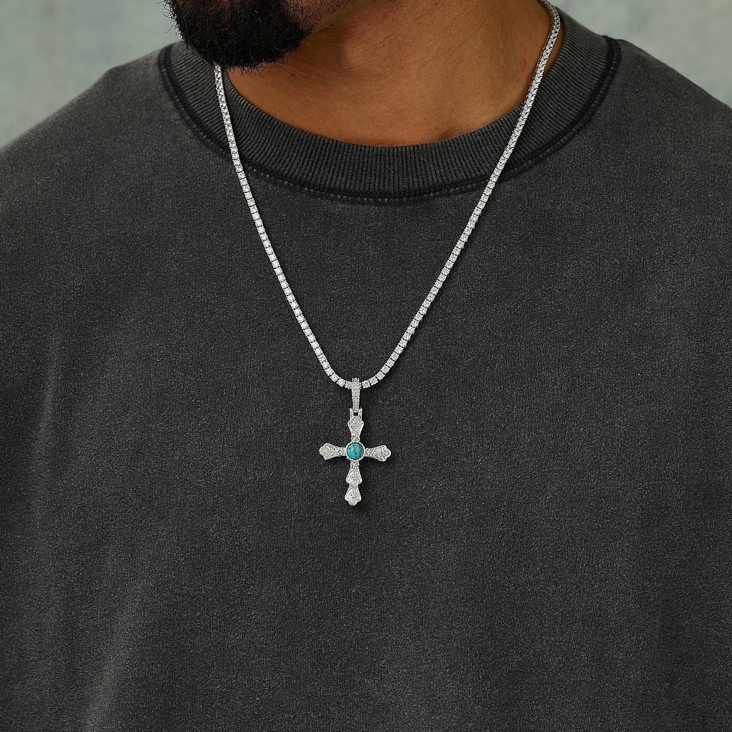 Turquoise Western Cross Pendant in White Gold